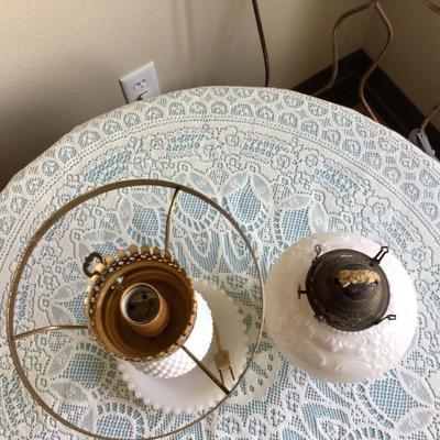 Milk Glass Oil Lamp And Milk Glass Hobnail Electric Lamp