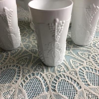 Milk Glass Grape and Leaf Pattern Pitcher and 5 Glasses