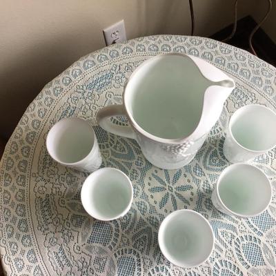 Milk Glass Grape and Leaf Pattern Pitcher and 5 Glasses