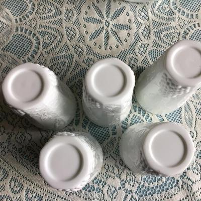Milk Glass Grape and Leaf Pattern Pitcher and 5 Glasses