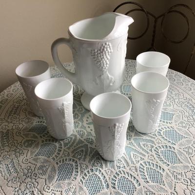 Milk Glass Grape and Leaf Pattern Pitcher and 5 Glasses