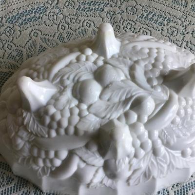 Milk Glass Grape and Leaf Console Bowl, and Candle Holders