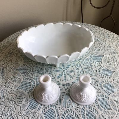Milk Glass Grape and Leaf Console Bowl, and Candle Holders