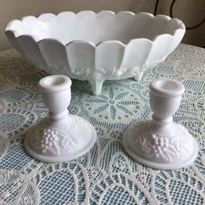 Milk Glass Grape and Leaf Console Bowl, and Candle Holders
