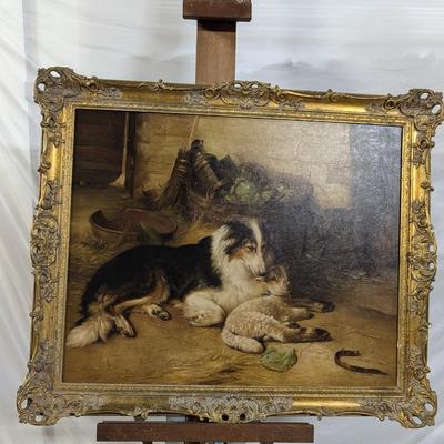 Framed Gold Leaf Oil On Canvas "Motherless Lamb"