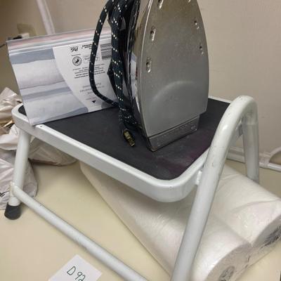 D92-clothes pins, stepstool, Kleenex, and toilet tissue, iron, drying rack, and ironing board