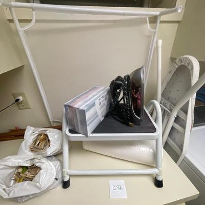 D92-clothes pins, stepstool, Kleenex, and toilet tissue, iron, drying rack, and ironing board
