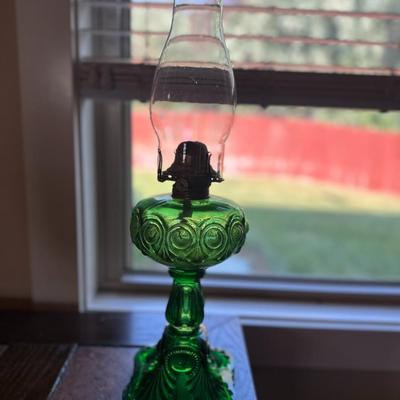 Antique Canadian Bullseye Emerald Green Glass Oil lamp, Oil lantern, Cottage Oil lamp by the Diamond Glass Co. Montreal Ca 1890-1902 Vintage