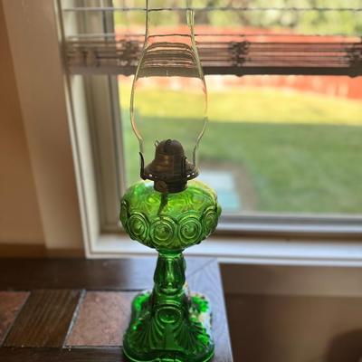 Antique Canadian Bullseye Emerald Green Glass Oil lamp, Oil lantern, Cottage Oil lamp by the Diamond Glass Co. Montreal Ca 1890-1902 Vintage