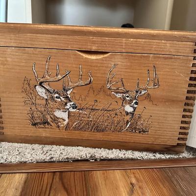 Vintage Lap Joint Wood Storage / Country Decor Box Rope Handles - Deer Painting