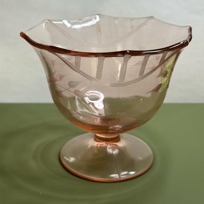 Antique footed Pink Depression Glass candy dish~Lovely Floral Etching