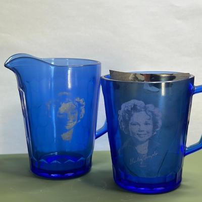 SHIRLEY TEMPLE PITCHER CUP COBALT BLUE*DEPRESSION GLASS*RARE*COLLECTIBLE* 1930s (Set of 2)