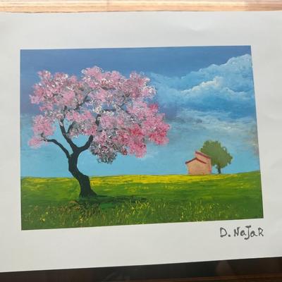 Original Print Artwork By D. Najar Landscape Barn Pink Tree