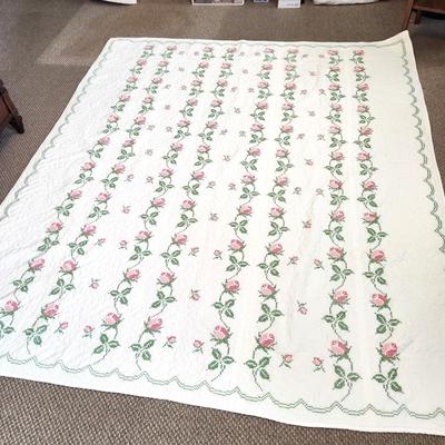 Lot #95 Beautiful Hand Cross Stitched Quilt/Comforter - Pink Rose Trellis design