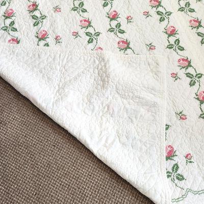 Lot #95 Beautiful Hand Cross Stitched Quilt/Comforter - Pink Rose Trellis design