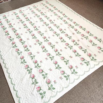 Lot #95 Beautiful Hand Cross Stitched Quilt/Comforter - Pink Rose Trellis design