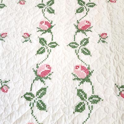 Lot #95 Beautiful Hand Cross Stitched Quilt/Comforter - Pink Rose Trellis design