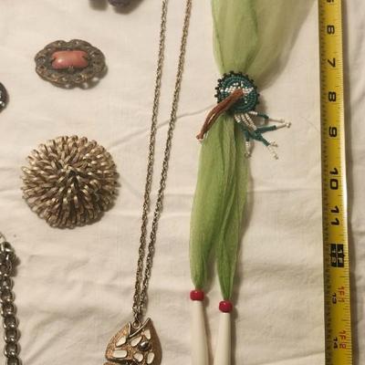 Jewelry lot including Some Vintage Jewelry, Rhinestone brooches, Fuzed Glass