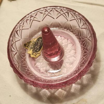 Jewelry lot including Some Vintage Jewelry, Fenton Pink Dusty Rose Color Round Ring Holder