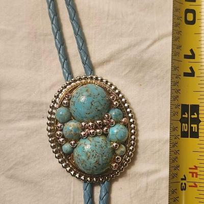 Vintage Bolo Ties, including Light Blue Cord, Clear Slide W/ Aqua Stones.