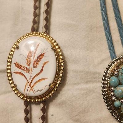 Vintage Bolo Ties, including Light Blue Cord, Clear Slide W/ Aqua Stones.