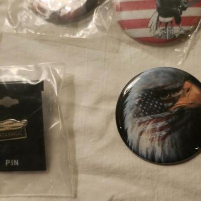 Vintage buttons and pins including Wichita river festival the greeting