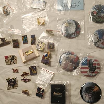 Vintage buttons and pins including Wichita river festival the greeting