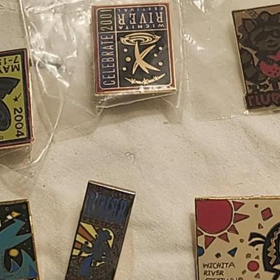 Vintage buttons and pins including Wichita river festival the greeting