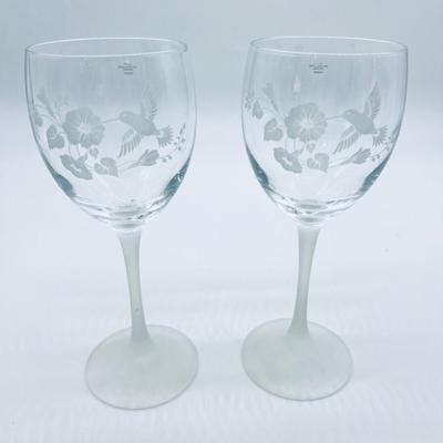 Pair Avon Hummingbird Crystal Etched Goblets