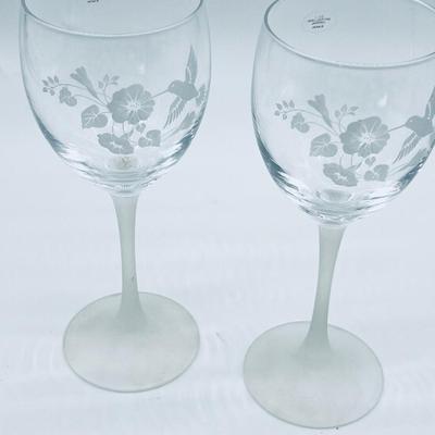 Pair Avon Hummingbird Crystal Etched Goblets