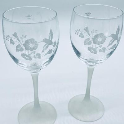 Pair Avon Hummingbird Crystal Etched Goblets