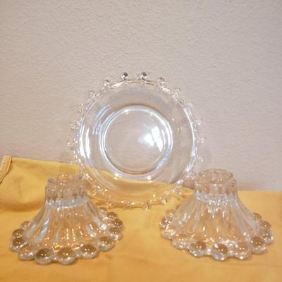 Vintage Glass Candlesticks & Plate