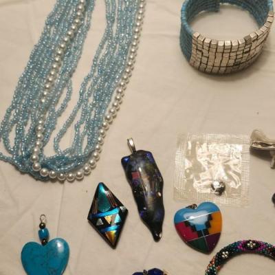 Jewelry lot including Some Vintage Jewelry including Fuse Glass, Blue Aqua Cluster Bracelet