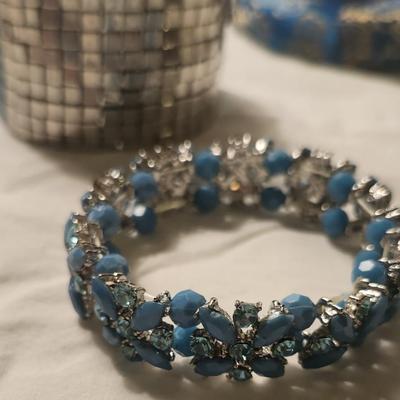 Jewelry lot including Some Vintage Jewelry including Fuse Glass, Blue Aqua Cluster Bracelet