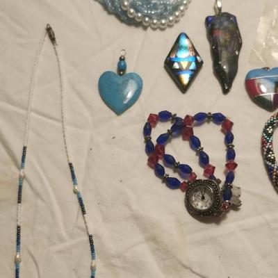 Jewelry lot including Some Vintage Jewelry including Fuse Glass, Blue Aqua Cluster Bracelet