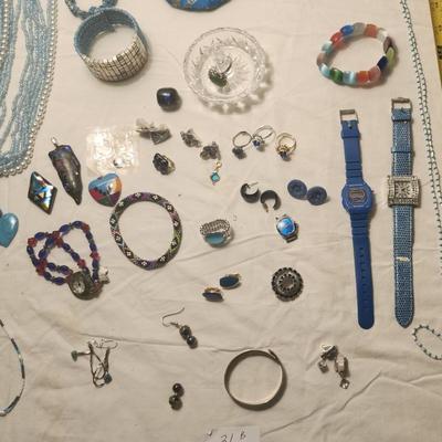 Jewelry lot including Some Vintage Jewelry including Fuse Glass, Blue Aqua Cluster Bracelet