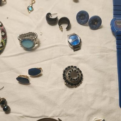 Jewelry lot including Some Vintage Jewelry including Fuse Glass, Blue Aqua Cluster Bracelet
