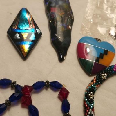 Jewelry lot including Some Vintage Jewelry including Fuse Glass, Blue Aqua Cluster Bracelet