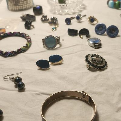 Jewelry lot including Some Vintage Jewelry including Fuse Glass, Blue Aqua Cluster Bracelet