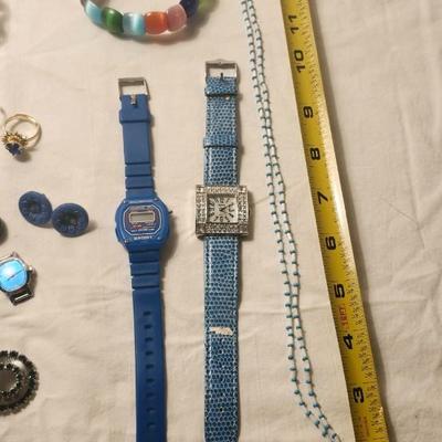 Jewelry lot including Some Vintage Jewelry including Fuse Glass, Blue Aqua Cluster Bracelet