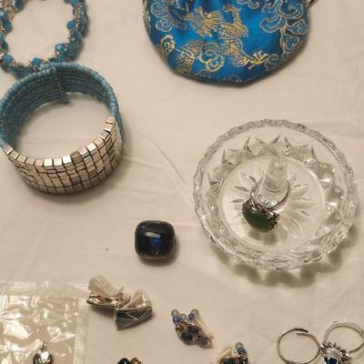 Jewelry lot including Some Vintage Jewelry including Fuse Glass, Blue Aqua Cluster Bracelet