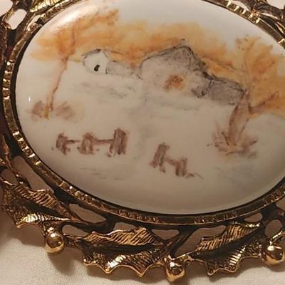 Jewelry lot including Some Vintage Jewelry including Landscape Brooch Pin, crystal pink ring holder