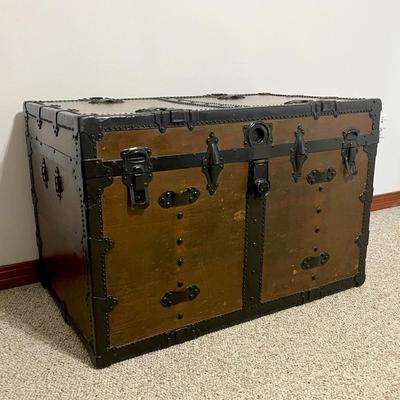 Vtg. Wood & Metal Flat Top Trunk