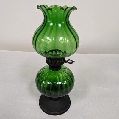 Green Glass Oil Lamp Hand Blown Tulip Design