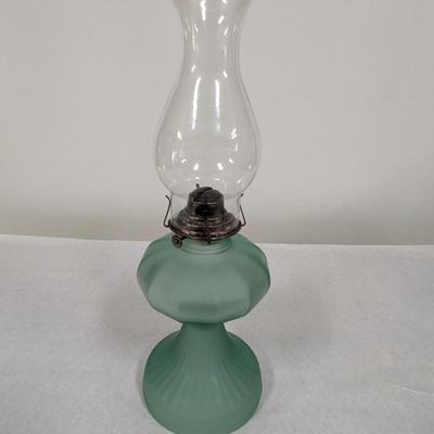 Frosted Good Housekeepers Green Oil Lamp With Beaded Chimney No. 2
