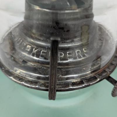 Frosted Good Housekeepers Green Oil Lamp With Beaded Chimney No. 2