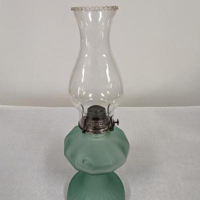 Frosted Good Housekeepers Green Oil Lamp With Beaded Chimney No. 2