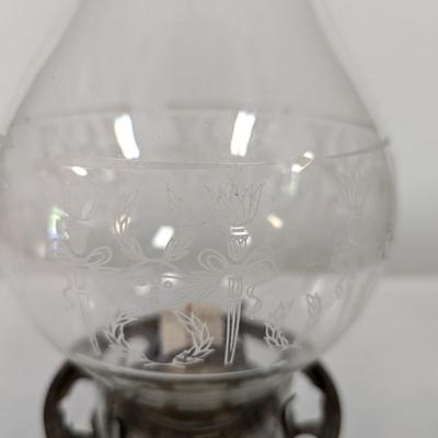 Floral Design Milk Glass Bowl Oil Lamp With Etched Shade