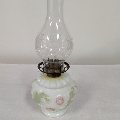 Floral Design Milk Glass Bowl Oil Lamp With Etched Shade