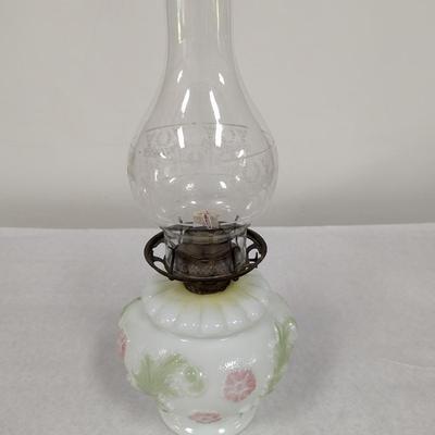 Floral Design Milk Glass Bowl Oil Lamp With Etched Shade